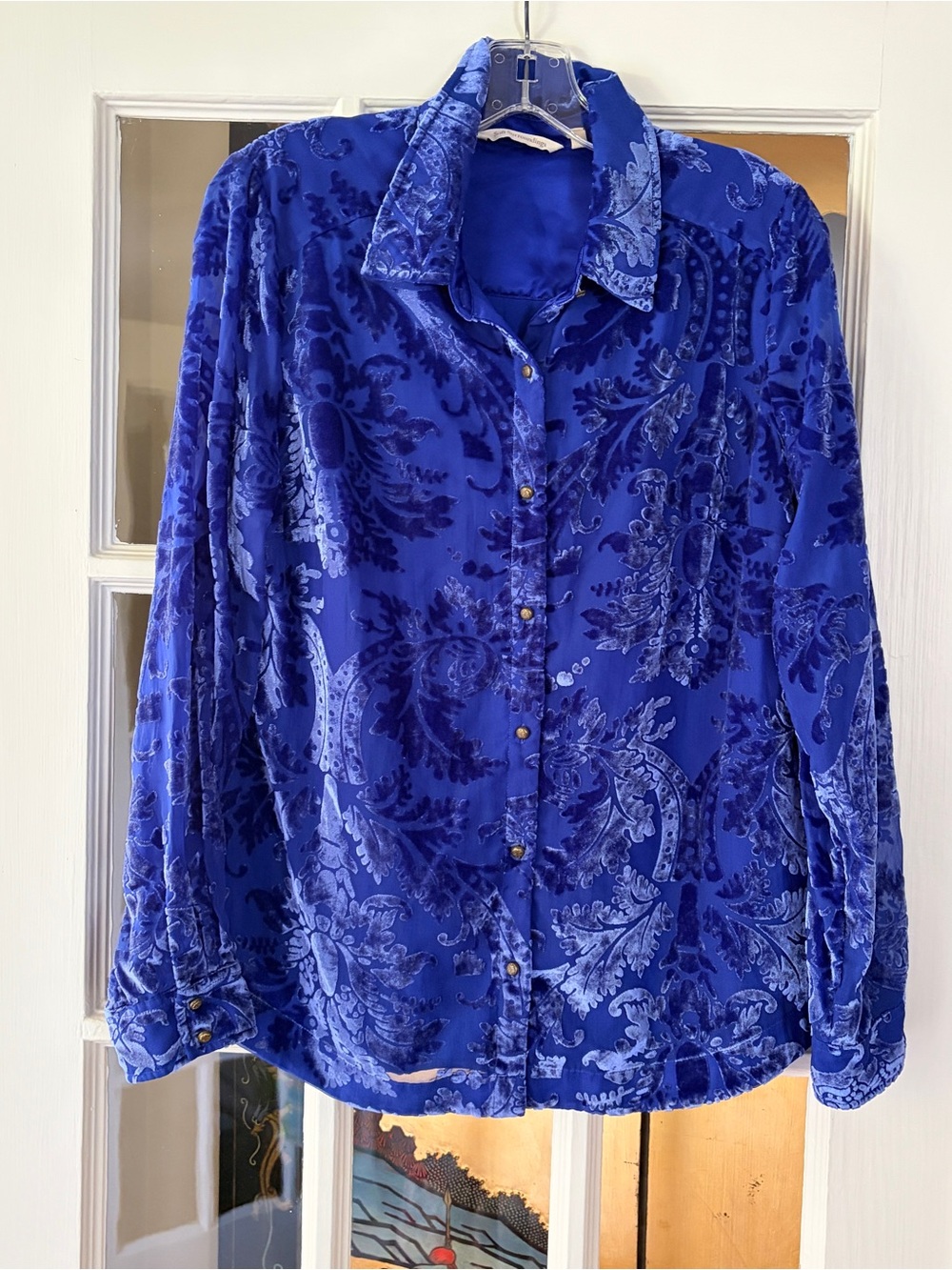Soft Surroundings SZ S Velvet Burnout Button Up Top Blouse Sapphire Blue